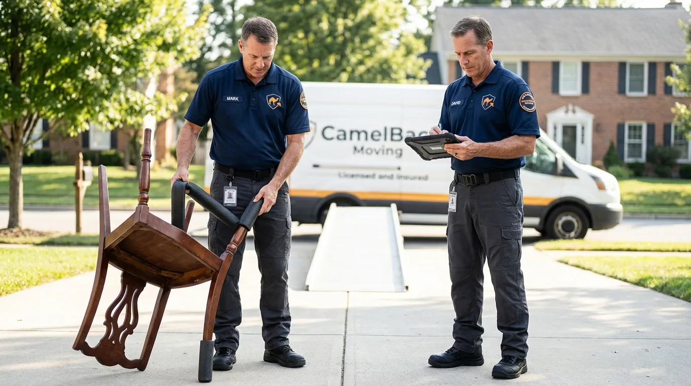 Movers inspecting furniture for damage prevention before loading in New Bremen, OH