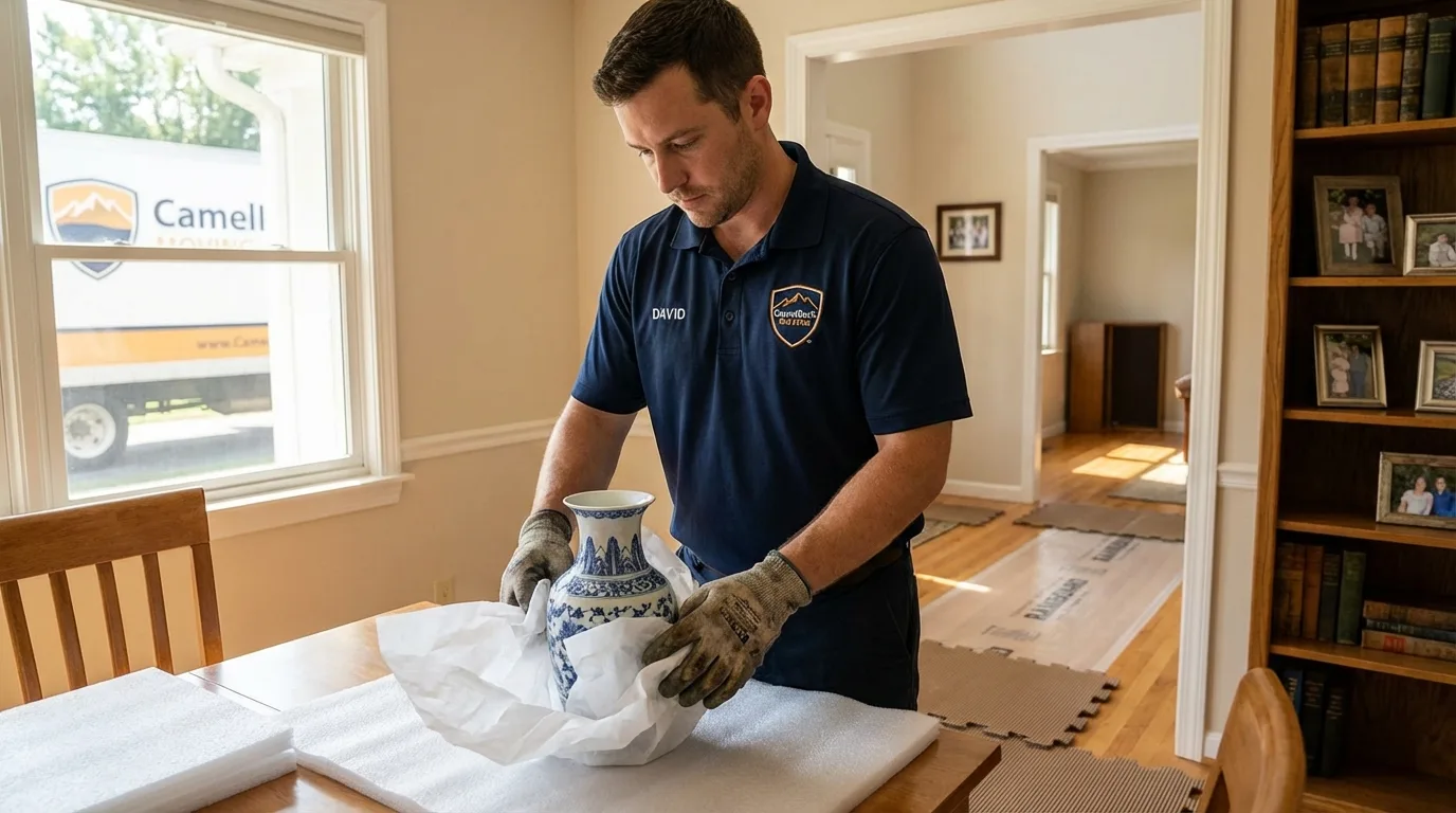 Professional crew carefully wrapping antique vase for senior downsizing move in New Bremen, OH